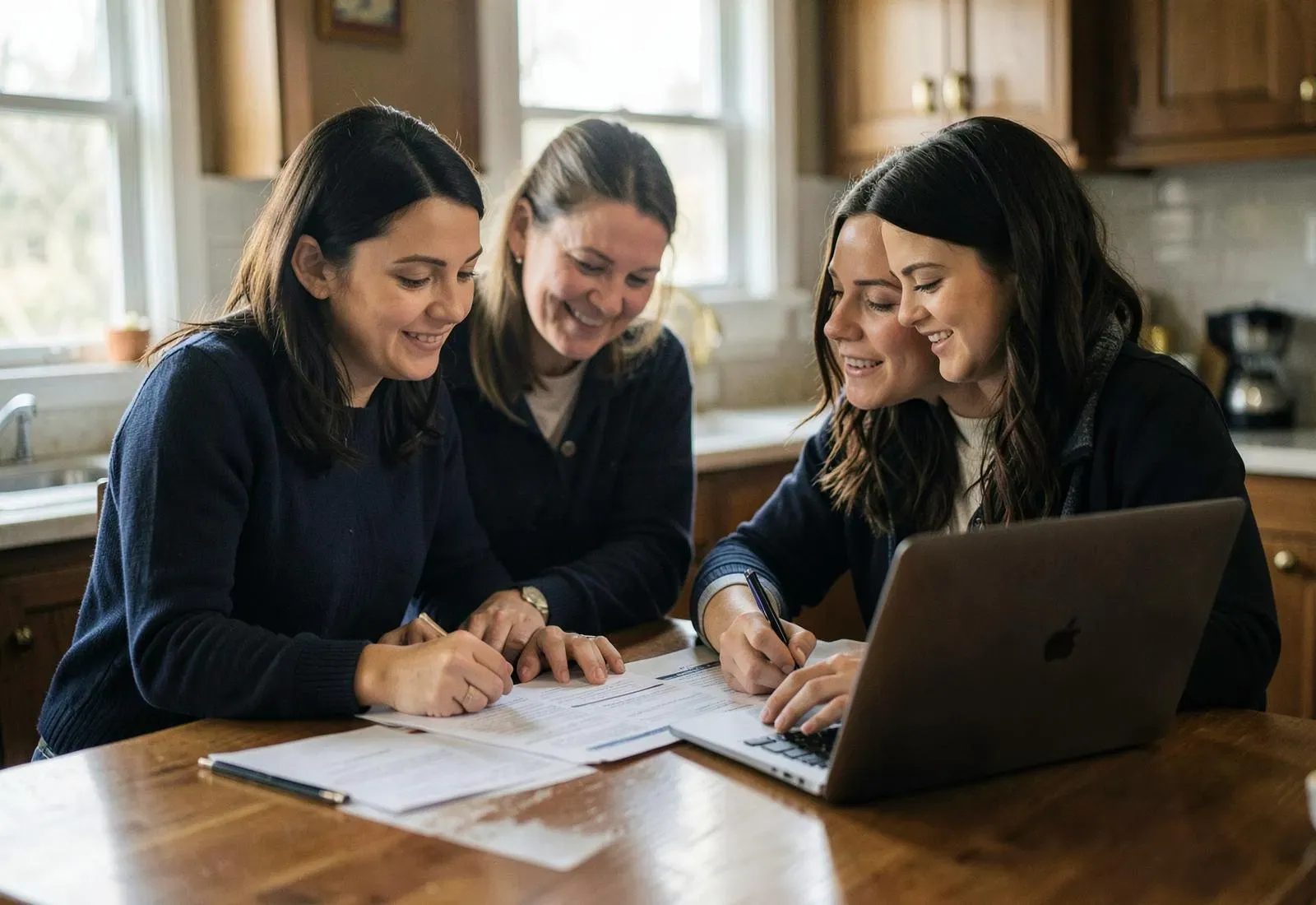 Family reviewing paperwork and a laptop together at a kitchen table